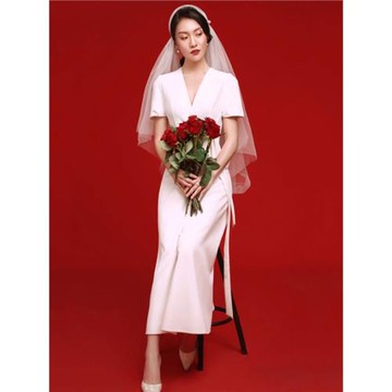 緞面輕婚紗法式簡約出門紗訂婚連衣裙領證小白裙小個子白色小禮服