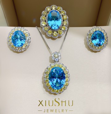 原創設計仿真海藍寶項鏈墜托帕石首飾套裝三件歐美氣質鑲嵌鍍金