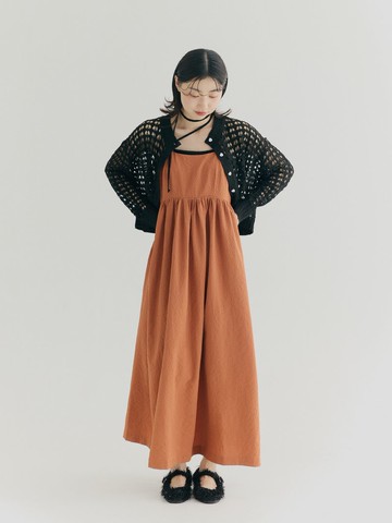 SEQUI HIBI 泡泡細格露背後綁帶洋裝－橘橙色