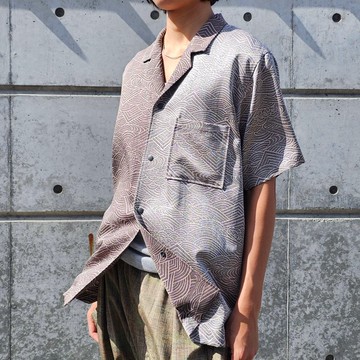 【日本製造】復古絲綢和服復刻版、男士 M 襯衫、半袖、按扣