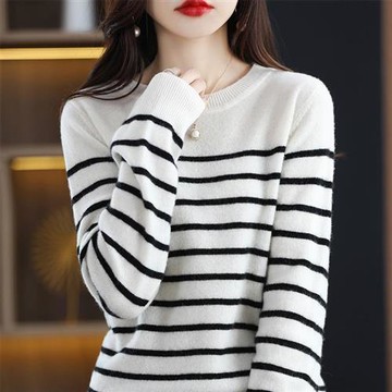 【米蘭精品】羊毛衫針織毛衣-條紋撞色圓領休閒女上衣6色74ds8
