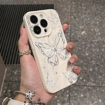 可愛手機殼 適用蘋果手機殼 防摔銀色蝴蝶適用蘋果17手機殼iPhone16 15 14 13 12 蘋果 13 手機殼