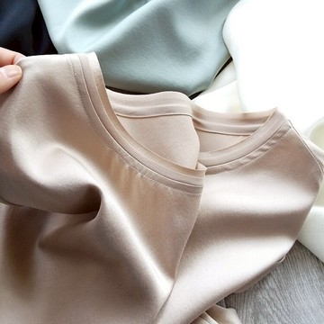 重磅素縐緞真絲短袖T恤夏季新小寬松通勤簡約純色桑蠶絲上衣