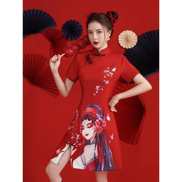 國風京劇花旦印花顯瘦連衣裙2025夏季新款日常改良年輕款旗袍