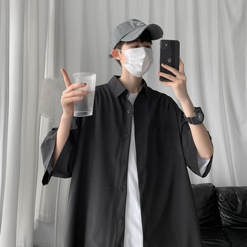 夏季新款百搭襯衫男短袖免燙垂感港風寬松版襯衣五分袖高級感外套