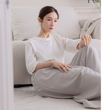 【初秋新品】HS 領口珍珠七分袖上衣 白色