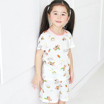 韓國 Maykids - 透氣條紋提花棉短袖家居服-彩虹兔子