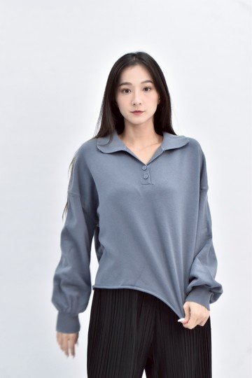 【加購優惠】(2XL)  針織翻領藍色長袖上衣