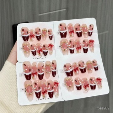 ➕最新設計款穿戴甲💅小紅帽純手工光療穿戴甲紅法式雪花美甲蝴蝶結花環腮紅穿戴甲短梯穿戴甲 IHCT