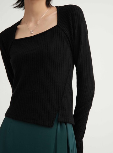 優雅方領坑條親膚長袖上衣