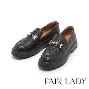 FAIR LADY 小時光 率性馬銜釦菱格厚底樂福鞋 黑 (5B2995)