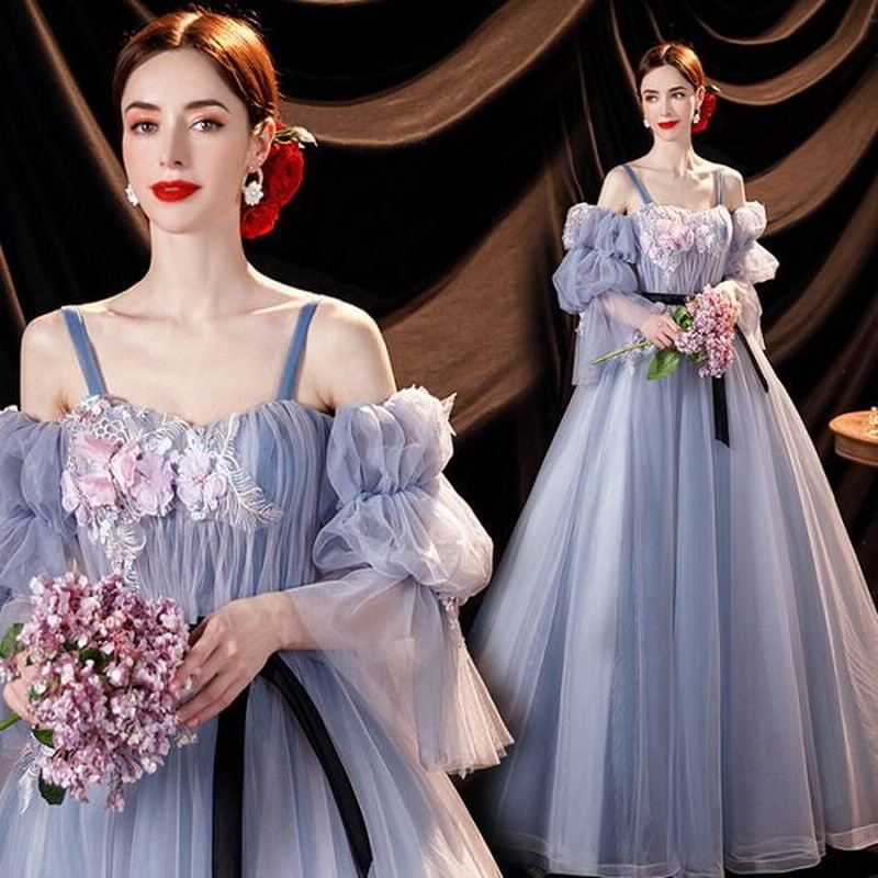 Angel フラワー パール チュール フリル リボン 長袖付き 背中編上げ Aライン ロングドレス ブルー 水色 ロング ドレス パーティードレス 通販 Lineポイント最大0 5 Get Lineショッピング