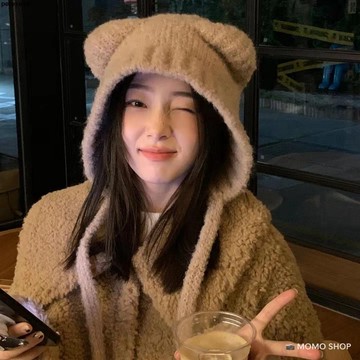 【冬季保暖】帽子 帽子女 毛帽 針織帽 韓國 韓版 時尚 可系帶 護耳 可愛 熊熊 減齡 毛線帽 女生 新款
