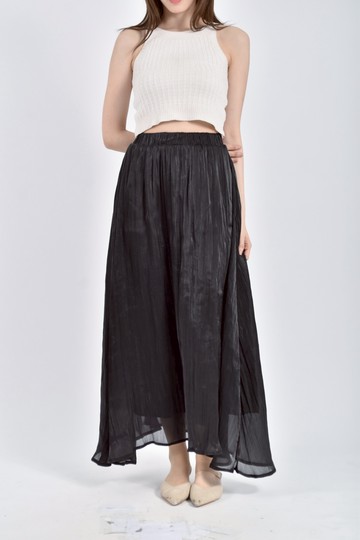 (S) 質感雪紡鬆緊腰黑色長裙