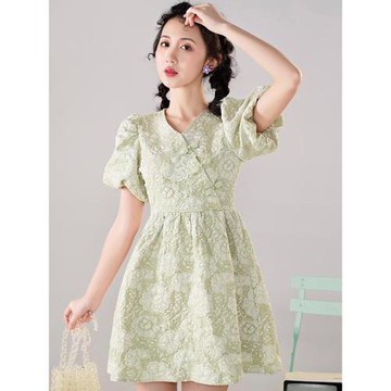 新中式旗袍新款2023女夏款中國風復古女裝小個子泡泡袖改良連衣裙