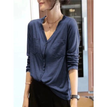 純棉長袖t恤女秋季寬松口袋竹節棉紐扣V領休閑開衫上衣體恤打底衫