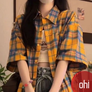 【ohi】黃色格子夏季短袖襯衫 男友風 情侶外套上衣 女襯衣 短袖襯衫 女生襯衫 短袖上衣 襯衫 女裝 GSNA42