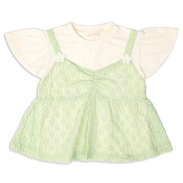 akachan honpo - 短袖假兩件T恤-緹花-綠色 (110cm)