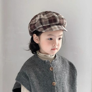 Mini baby🌷 兒童貝雷帽子秋冬款時尚複古格子貝雷帽男女寶寶遮陽防風八角帽春