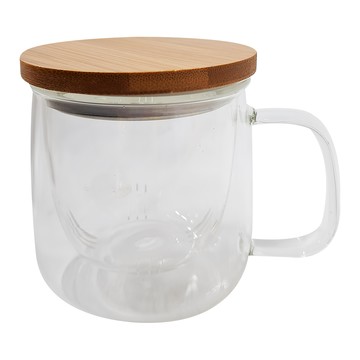 Caldo卡朵生活 植粹木紋耐熱玻璃附蓋泡茶杯  木紋 + 透明色  400ml  1個