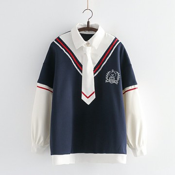 韓版學院風寬松加絨假兩件衛衣少女秋冬新款百搭保暖長袖套頭上衣