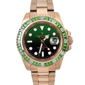 手錶 范倫鐵諾.古柏 清新綠白鋯石玫金鋼錶【NEV118】