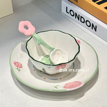 小清新浮雕餐具陶瓷家用釉下彩飯碗ins高顏值沙拉碗創意碗盤套裝