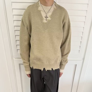 秋冬季百搭寬鬆灰色圓領針織毛衣男 慵懶風假兩件撞色針織衫男