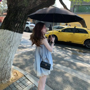 韓版甜美小清新藍色拼接蕾絲花邊吊帶設計感夏季新款寬鬆顯瘦上衣韓係Chic 外穿吊帶 辣妹吊帶 甜美背心 設計感吊帶 無袖