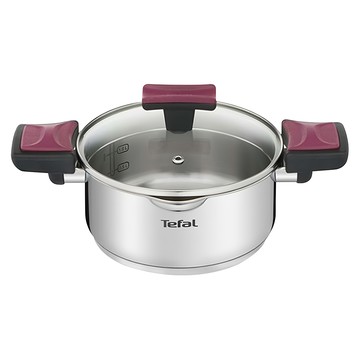 Tefal 特福 香頌不鏽鋼系列 雙耳湯鍋 附鍋蓋  24cm  不鏽鋼銀色 + 黑色 + 酒紅色  1組