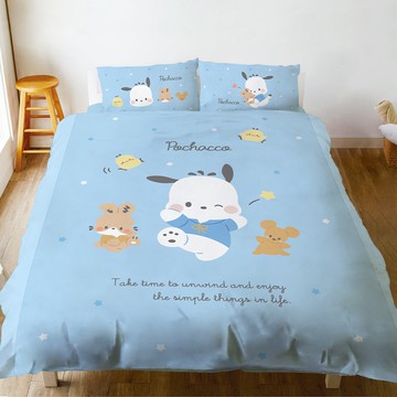 戀家小舖 磨毛卡通床包+枕套組  帕恰狗/Happytime 藍色  加大  床墊套 + 枕套組