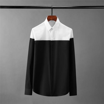 上下黑白拼接春季男裝休閑潮流帥氣襯衫男士長袖修身商務白襯衣男