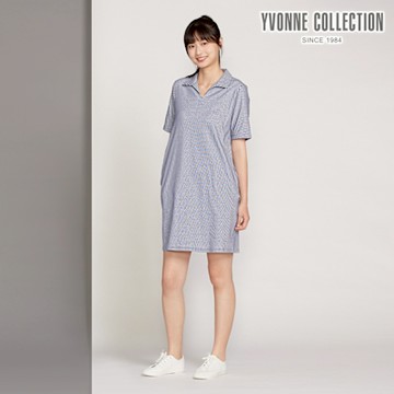YVONNE 以旺傢飾 直條提花襯衫領短袖洋裝-海島藍