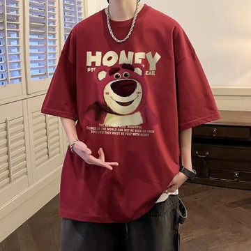 短袖t恤男夏季潮牌酒紅色草莓熊半袖t恤美式復古重磅高街寬松體恤