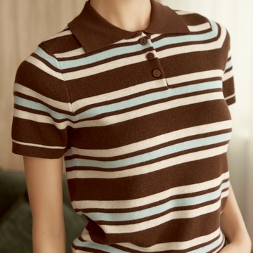 CC.DAILY-撞色條紋POLO領短袖針織衫-女【K2CO019】