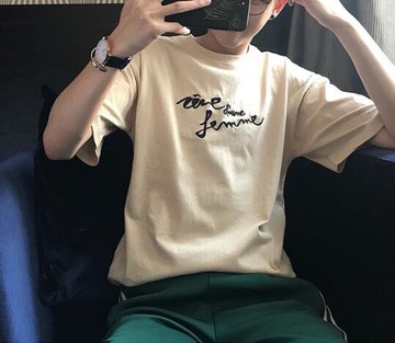 FINDSENSE MD 韓國 時尚潮 男 創意 特色 圓領 字母印花 衣袖鐵環裝飾 寬鬆 短袖T恤 特色短T