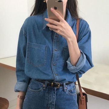 韓國chic春季復古百搭翻領撞色明線設計雙口袋寬松長袖牛仔襯衫女