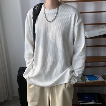 圓領白色簡約風長袖T恤男秋季新款休閒百搭寬鬆上衣男
