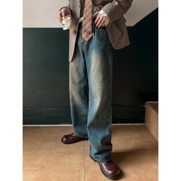 MRCYC黃泥水洗直筒牛仔褲男士春季Cleanfit長褲子韓系潮流闊腿褲