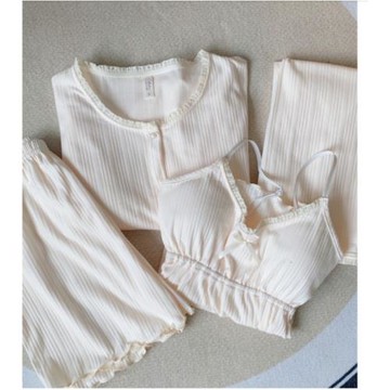 純色純棉三件套睡衣女春秋款高級感純欲風吊帶胸墊四件套夏家居服