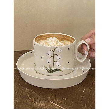 復古鈴蘭花陶瓷杯碟高級手繪小資風咖啡杯拉花杯馬克杯氛圍感餐具