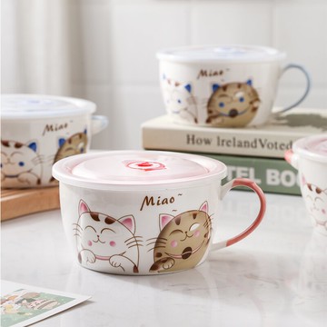 日式雙耳泡面碗帶蓋陶瓷可愛大容量超大學生宿舍可微波爐加熱湯碗