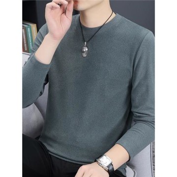 2025秋冬季男士雙面絨圓領純色長袖t恤加絨加厚保暖上衣打底體恤