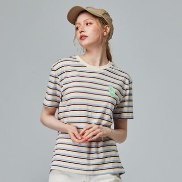 moz瑞典 駝鹿 愛心駝鹿 舒適柔棉 100%純棉條紋短T-米色條紋(亞洲版)女款
