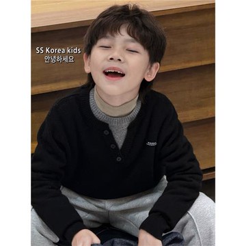 高級貨兒童時尚韓系假兩件毛衣2025新款洋氣男童冬裝羊毛衫女童潮
