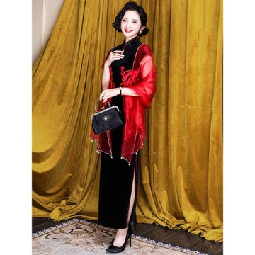 絲絨旗袍長款高檔春秋新款中國風刺繡修身氣質貴夫人宴會禮服顯瘦