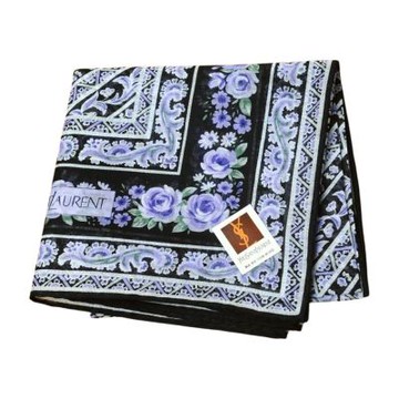 YSL Yves Saint Laurent 斜紋幾何花紋條帶玫瑰花圖騰品牌字母LOGO帕領巾(黑系底/48CM)