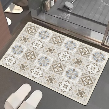 [喵到寶] 奈米絨面軟式硅藻土吸水止滑地墊-奶油風異域花磚