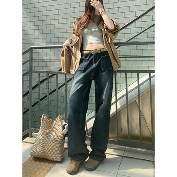 RTRX高腰直筒闊腿牛仔褲女2024年春季寬松顯瘦口袋設計加長拖地褲