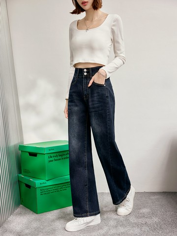 水洗刷色高腰排釦直筒牛仔褲